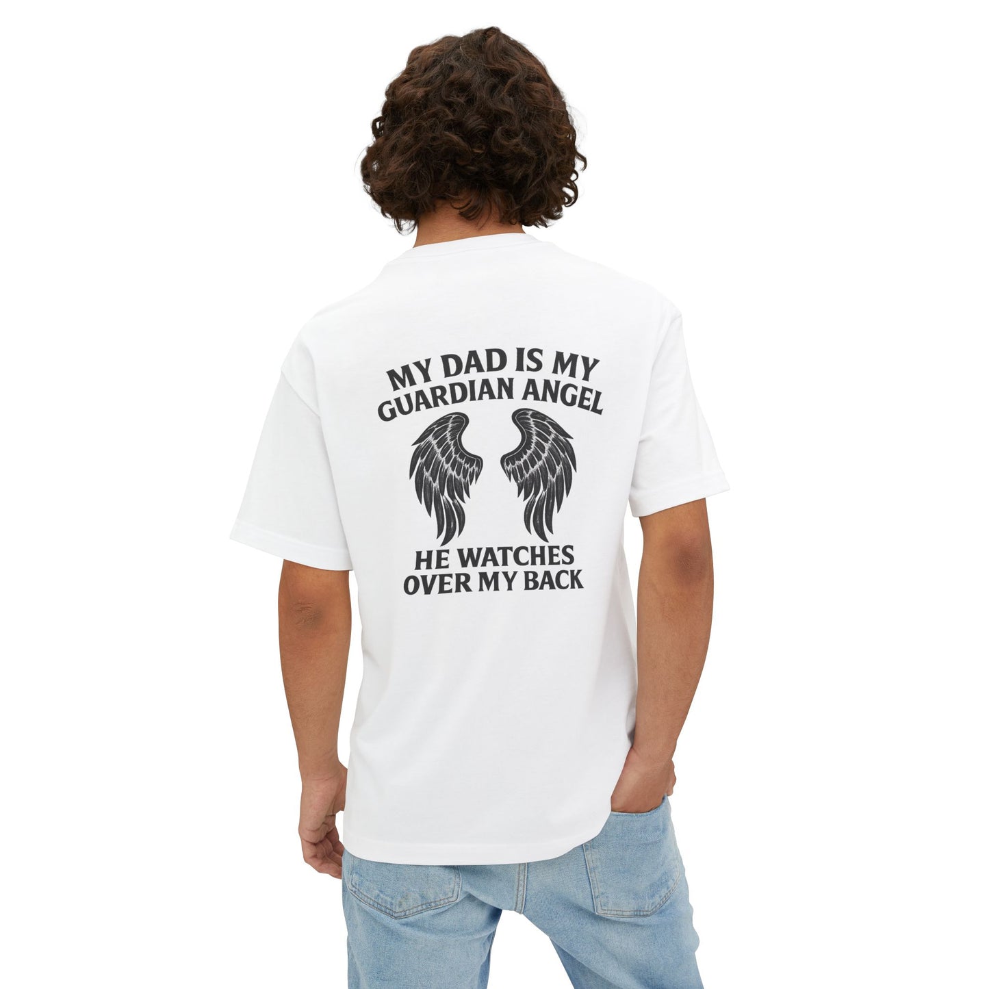 My Dad is My Guardian Angel Oversized Tee - Unisex Black T-Shirt with Wings Design