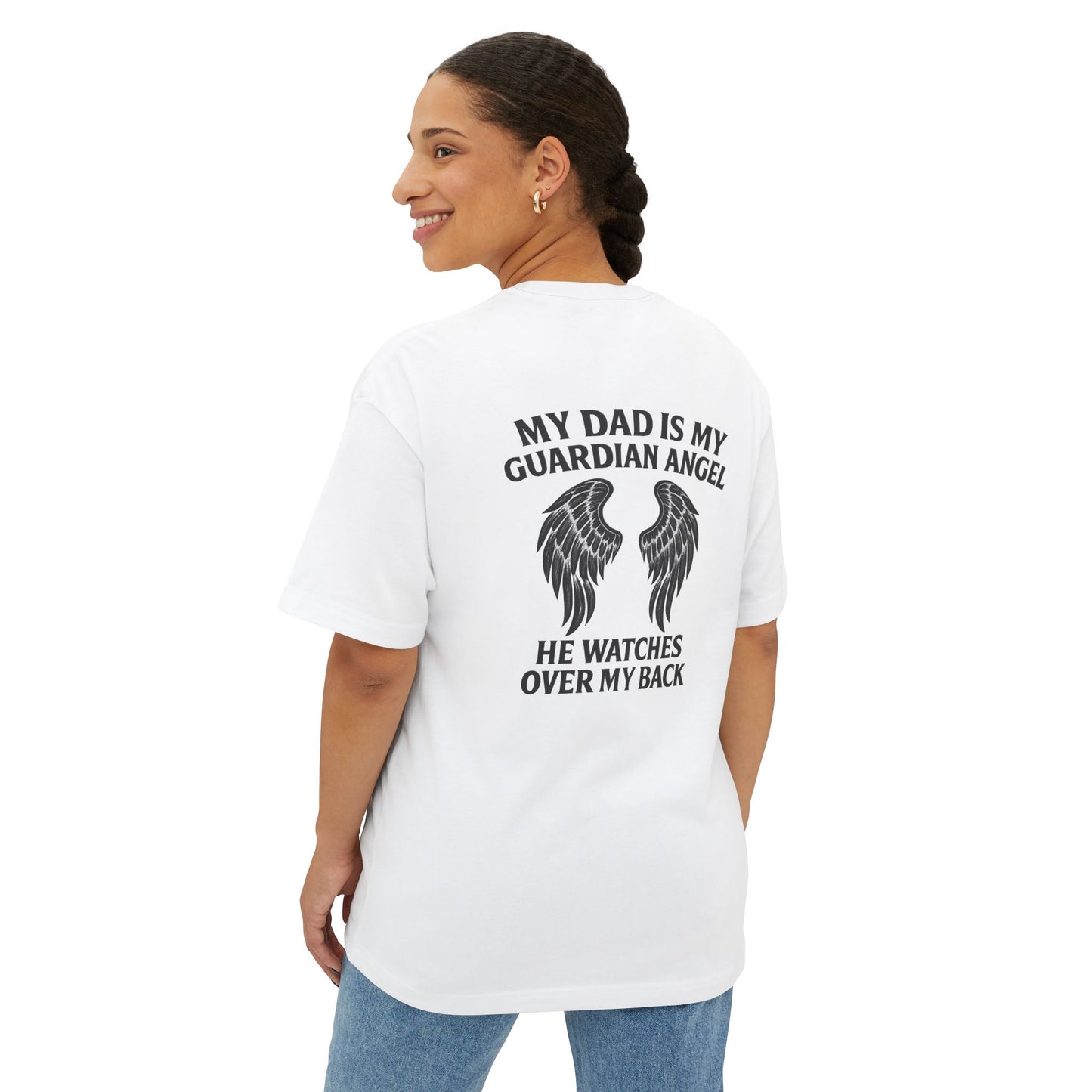 My Dad is My Guardian Angel Oversized Tee - Unisex Black T-Shirt with Wings Design