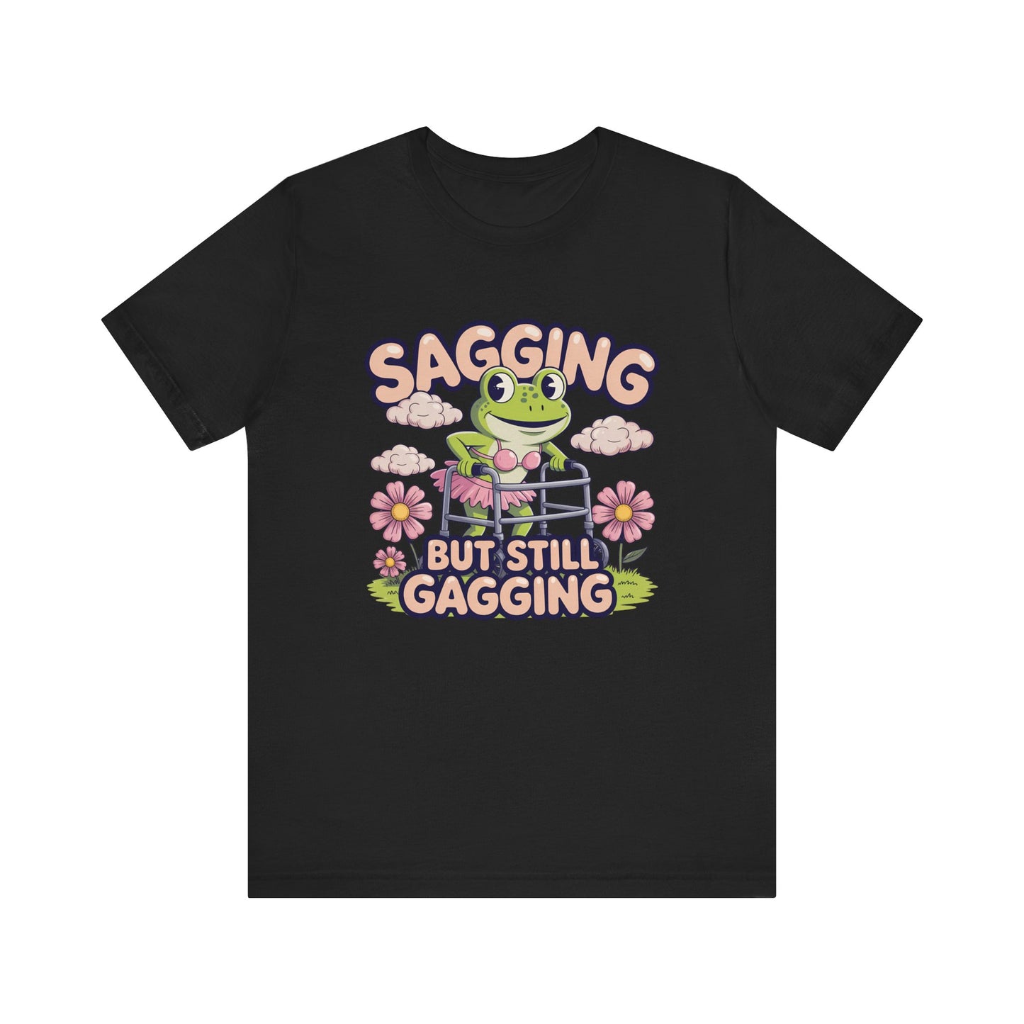 Black t-shirt with a frog graphic and text on a white background