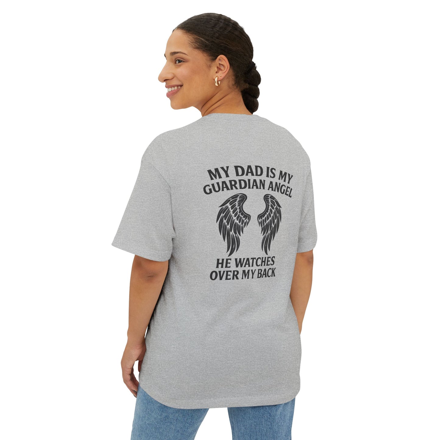 My Dad is My Guardian Angel Oversized Tee - Unisex Black T-Shirt with Wings Design