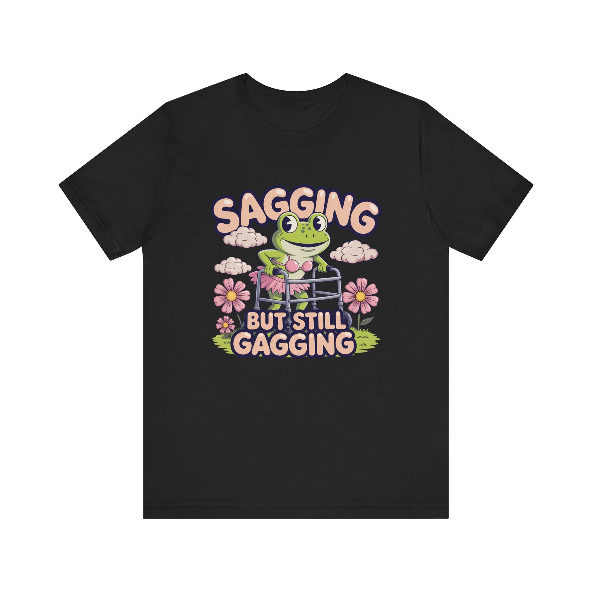 Black t-shirt with a frog graphic and text on a white background