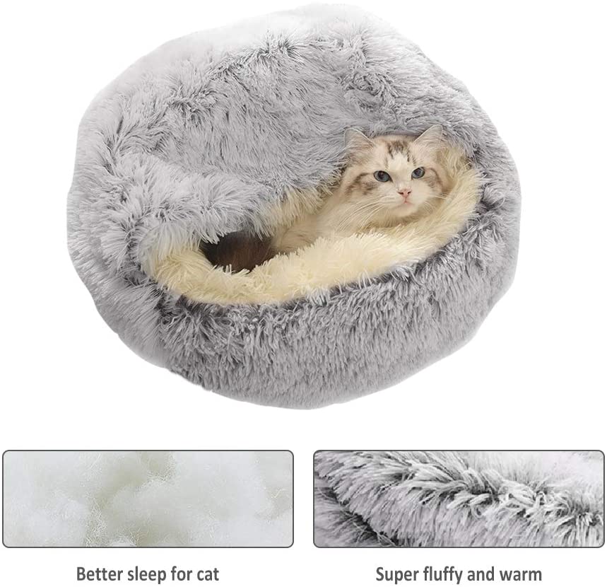 CozyPet Haven Round Fluffy Hooded Pet Bed Cave