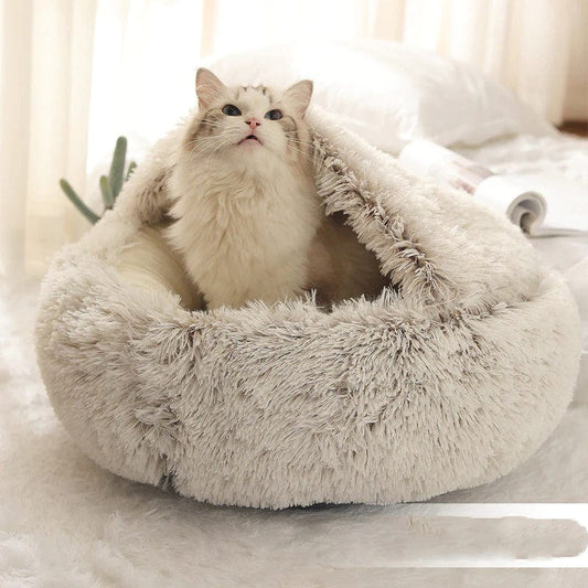 CozyPet Haven Round Fluffy Hooded Pet Bed Cave